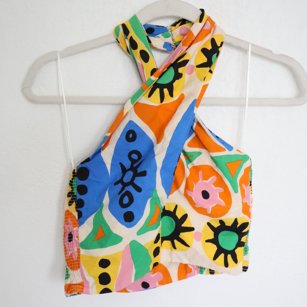 Colorful Smocked Cross Over Halter Crop Top